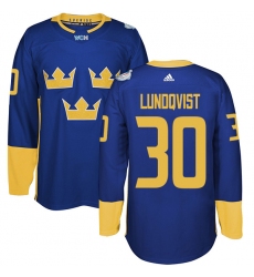 Men's Adidas Team Sweden #30 Henrik Lundqvist Premier Royal Blue Away 2016 World Cup of Hockey Jersey