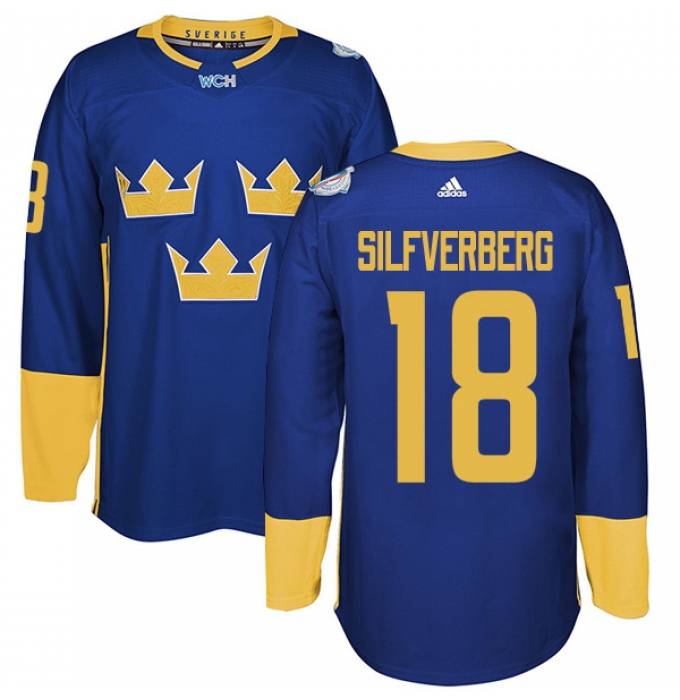 Men's Adidas Team Sweden #18 Jakob Silfverberg Authentic Royal Blue Away 2016 World Cup of Hockey Jersey