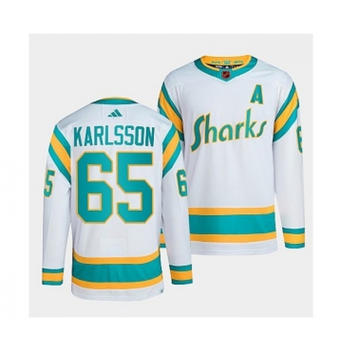 Men's San Jose Sharks #65 Erik Karlsson White 2022 Reverse Retro Stitched Jersey