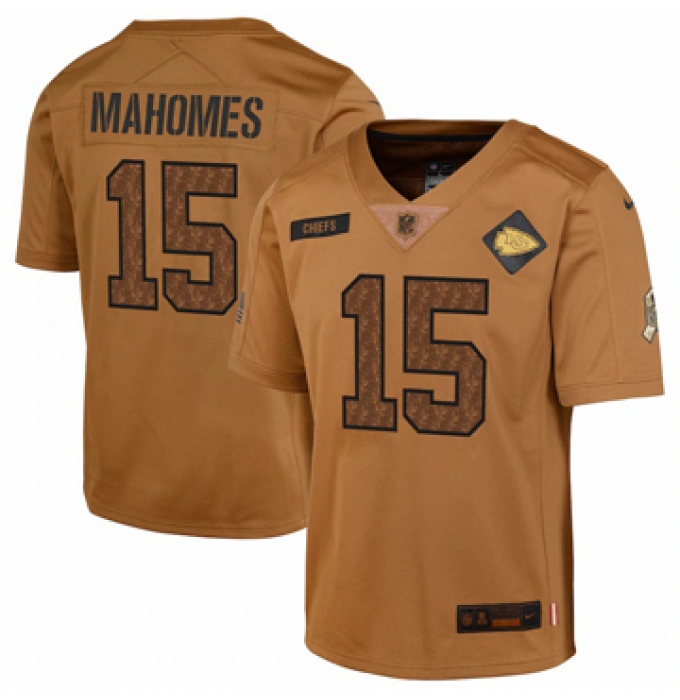 Youth Kansas City Chiefs #15 Patrick Mahomes Nike Brown 2023 Salute To Service Limited Jersey