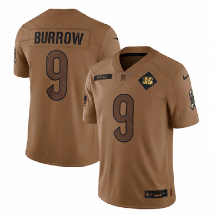Men's Cincinnati Bengals #9 Joe Burrow Nike Brown 2023 Salute To Service Limited Jersey