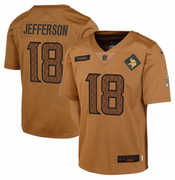 Youth Minnesota Vikings #18 Justin Jefferson Nike Brown 2023 Salute To Service Limited Jersey