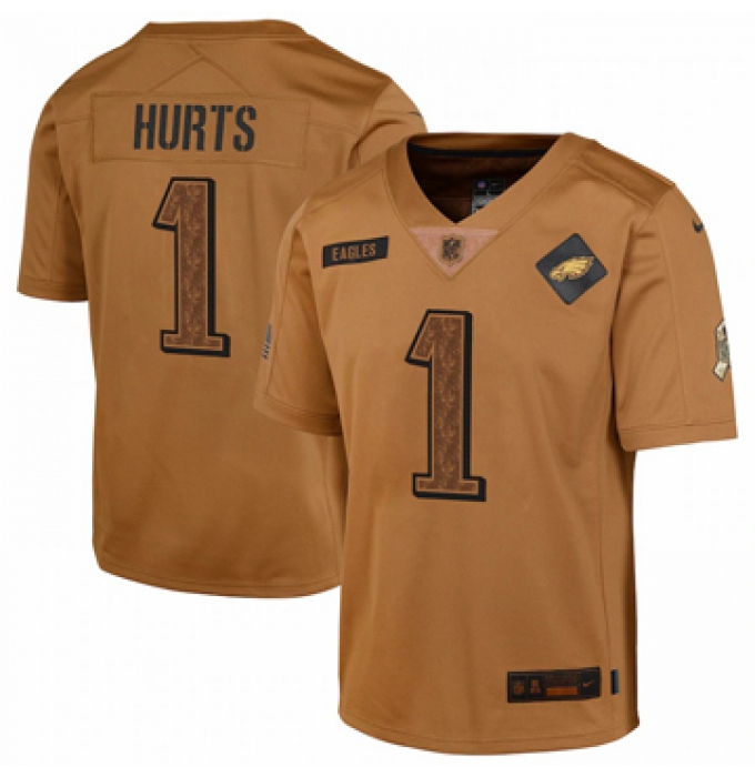 Youth Philadelphia Eagles #1 Jalen Hurts Nike Brown 2023 Salute To Service Limited Jersey