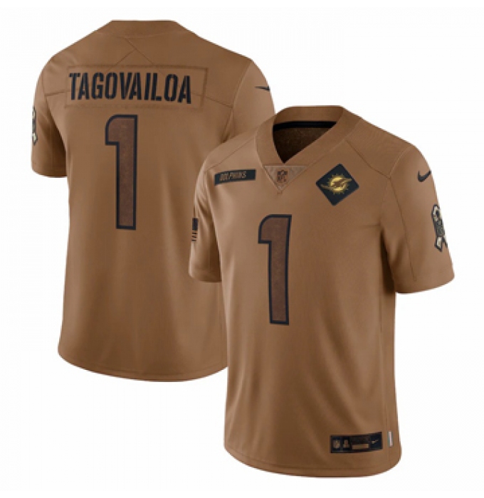 Men's Miami Dolphins #1 Tua Tagovailoa Nike Brown 2023 Salute To Service Limited Jersey