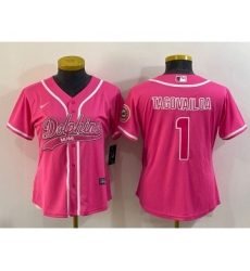Women's Miami Dolphins #1 Tua Tagovailoa Pink With Patch Cool Base Stitched Baseball Jersey