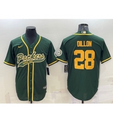 Men's Green Bay Packers #28 AJ Dillon Green Yellow With Patch Cool Base Stitched Baseball Jersey
