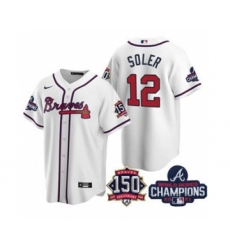 Men's Atlanta Braves #12 Jorge Soler 2021 White World Series Champions With 150th Anniversary Patch Cool Base Stitched Jersey