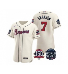 Men's Atlanta Braves #7 Dansby Swanson 2021 Cream World Series Flex Base With 150th Anniversary Patch Baseball Jersey