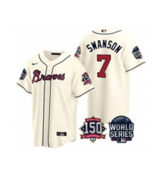 Men's Atlanta Braves #7 Dansby Swanson 2021 Cream World Series With 150th Anniversary Patch Cool Base Baseball Jersey