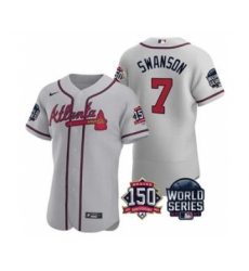Men's Atlanta Braves #7 Dansby Swanson 2021 Gray World Series Flex Base With 150th Anniversary Patch Baseball Jersey