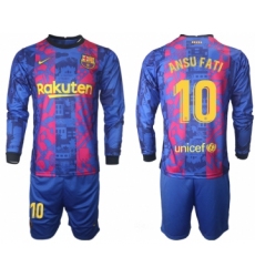 Men's 2021-2022 Club Barcelona Second away blue Long Sleeve 10 Soccer Jersey