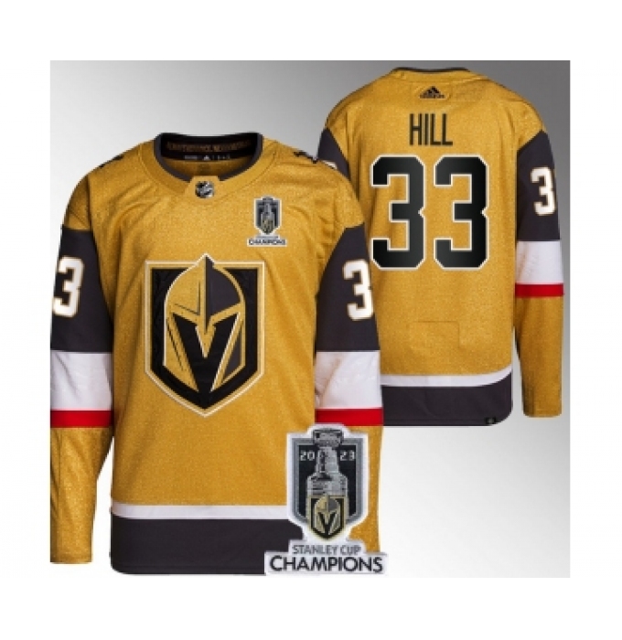 Men's Vegas Golden Knights #33 Adin Hill Gold 2023 Stanley Cup Champions Stitched Jersey
