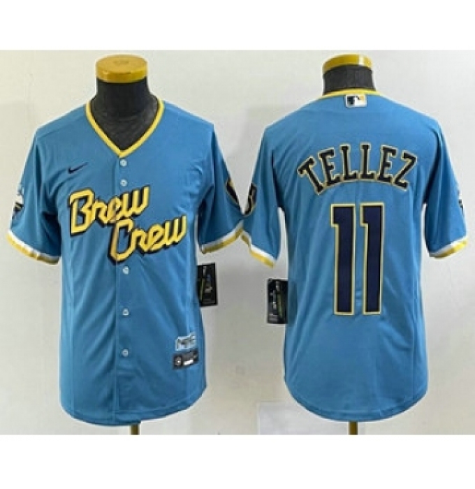 Youth Milwaukee Brewers #11 Rowdy Tellez Blue 2022 City Connect Cool Base Stitched Jersey