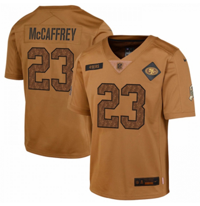 Youth San Francisco 49ers #23 Christian McCaffrey Nike Brown 2023 Salute To Service Limited Jersey