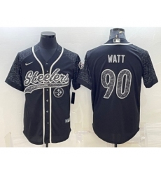 Men's Pittsburgh Steelers #90 TJ Watt Black Reflective With Patch Cool Base Stitched Baseball Jersey