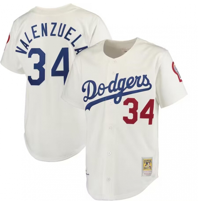 Men's Los Angeles Dodgers #34 Fernando Valenzuela Cream Mitchell & Ness Stitched Baseball Jersey