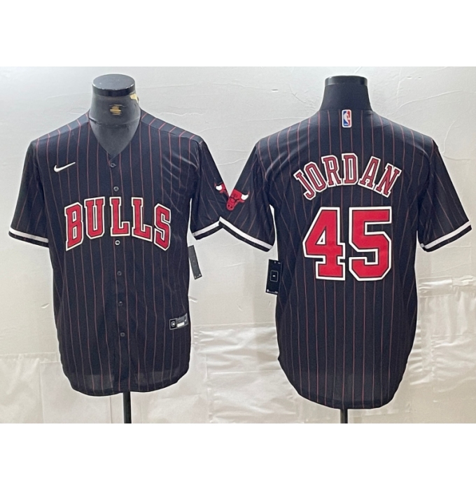 Men's Chicago Bulls #45 Michael Jordan Black Pinstripe Cool Base Stitched Baseball Jerseys