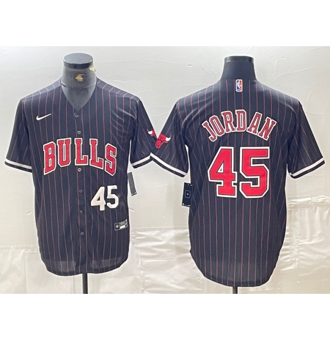 Men's Chicago Bulls #45 Michael Jordan Number Black Pinstripe Cool Base Stitched Baseball Jersey
