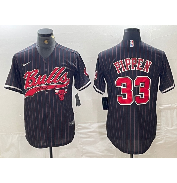 Men's Chicago Bulls #33 Scottie Pippen Black Pinstripe Cool Base Stitched Baseball Jersey
