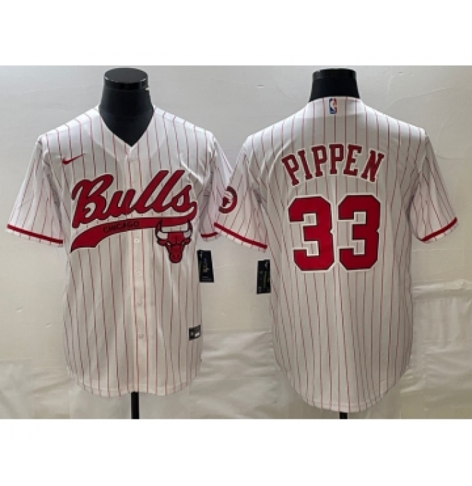 Men's Chicago Bulls #33 Scottie Pippen White Pinstripe Cool Base Stitched Baseball Jersey