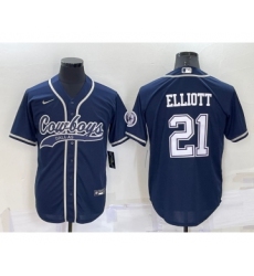 Men's Dallas Cowboys #21 Ezekiel Elliott Navy Blue Stitched Cool Base Nike Baseball Jersey
