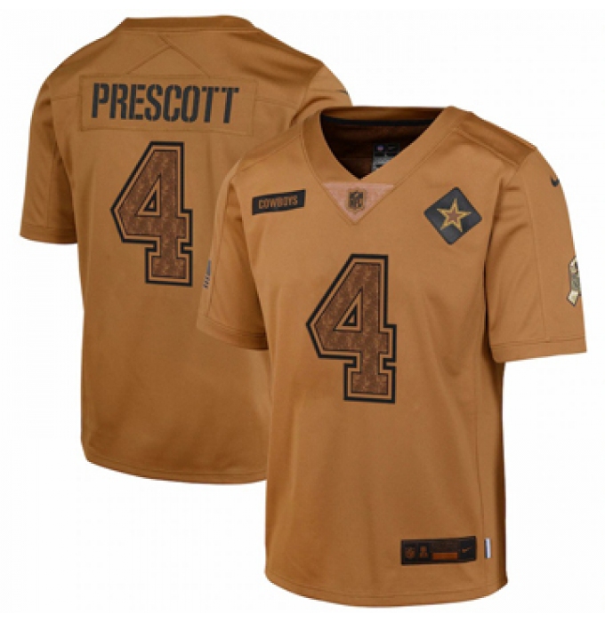Youth Dallas Cowboys #4 Dak Prescott Nike Brown 2023 Salute To Service Limited Jersey