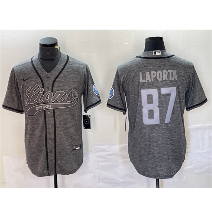 Men's Detroit Lions #87 Sam LaPorta Gray Cool Base Stitched Baseball Jersey