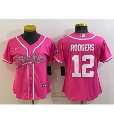Women's Green Bay Packers #12 Aaron Rodgers Pink With Patch Cool Base Stitched Baseball Jersey